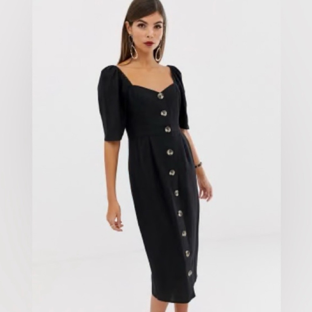 Black Linen Button Front Midi Dress